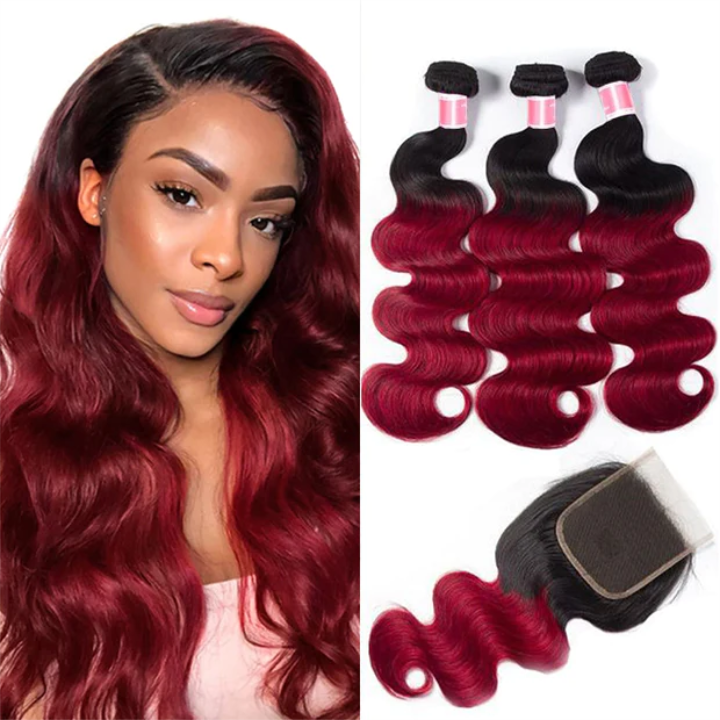 GeetaHair Ombre Burgundy Body Wave Human Hair 3 Bundles With 4x4 Lace Closure 1B99J 100% Human Hair Extension Weaves