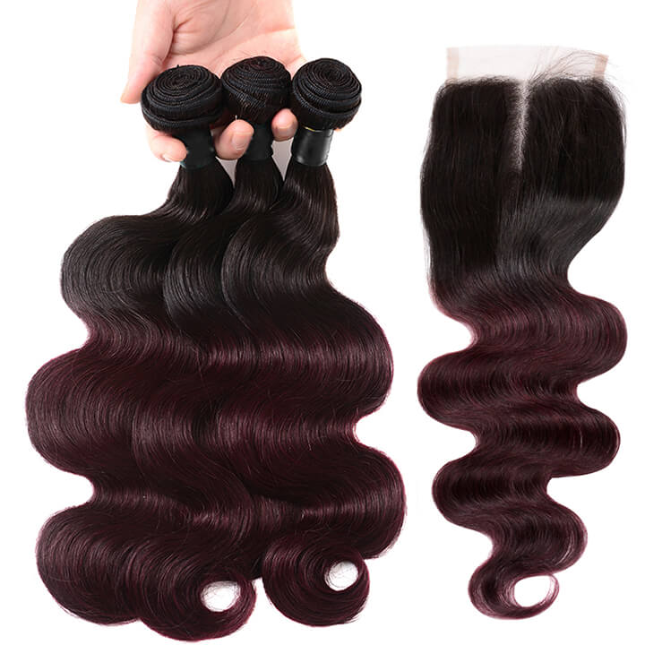 GeetaHair Brazilian Body Wave 3 Bundles With 4x4 Lace Closure Ombre Burgundy 100% Real Human Hair Extensions