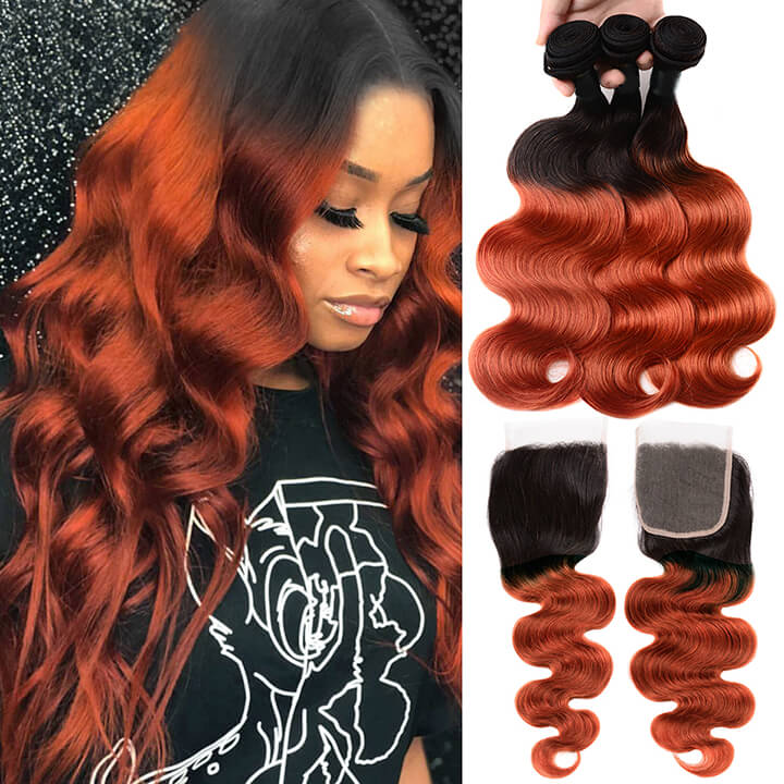 GeetaHair Ombre Ginger Body Wave 3 Bundles With 4x4 Lace Closure Ombre Orange 100% Real Human Hair Extensions