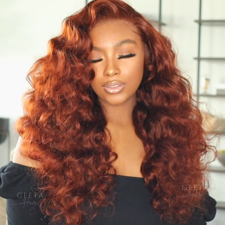Reddish Brown Loose Deep Wave Undetectable HD Lace Front Wig Dark Auburn Pre Plucked Human Hair Wigs-Geeta Hair
