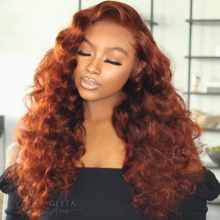 Reddish Brown Loose Deep Wave Undetectable HD Lace Front Wig Dark Auburn Pre Plucked Human Hair Wigs-Geeta Hair