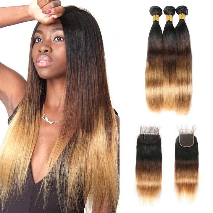 GeetaHair Straight Blonde Human Hair 3 Bundles With 4x4 Lace Closure 3Tone (T1b427) 100% Human Hair Extension Weaves