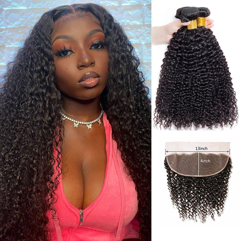 GeetaHair Curly Hair 3 Bundles With 13x4 Lace Frontal 100% Remy Human Hair