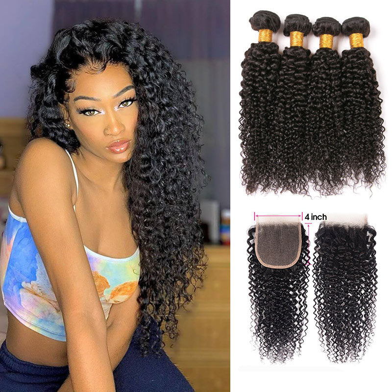 GeetaHair Kinky Curly Hair 4 Bundles With 4x4 Lace Closure Virgin Human Hair