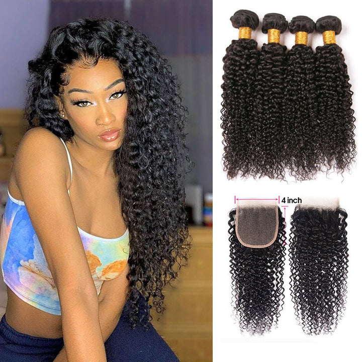 GeetaHair Kinky Curly Hair 4 Bundles With 4x4 Lace Closure Virgin Human Hair