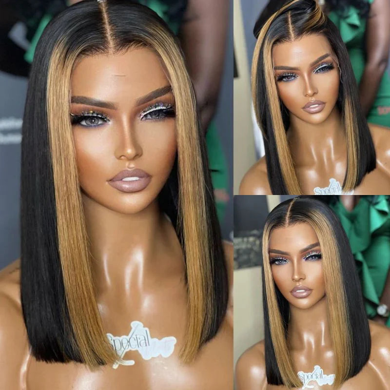 Geeta Skunk Stripe Bob Wig 13x4 Blond Highlight Straight Bob Lace Front Wigs Short Human Hair Bob Wigs