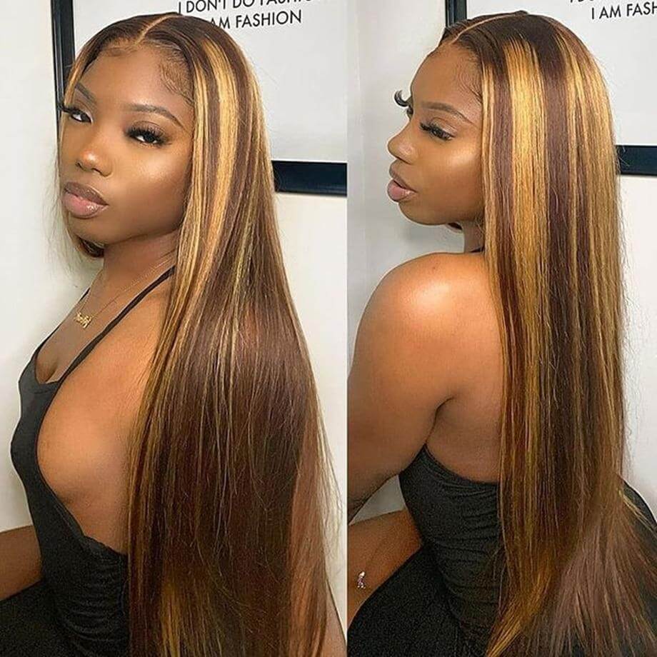Long Straight Hair Honey Blonde Highlights T Part  Lace Front Wig Pre Plucked With Baby Hair 100% Virgin Humam Hair Wig-Geeta Hair