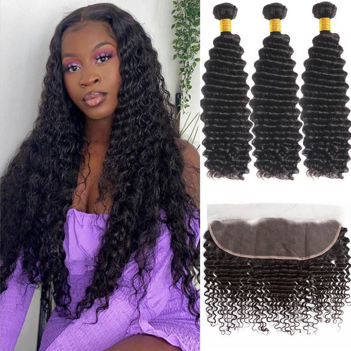 Geetahair Deep Wave 3 Bundles With 13x4 Lace Frontal Virgin Humam Hair
