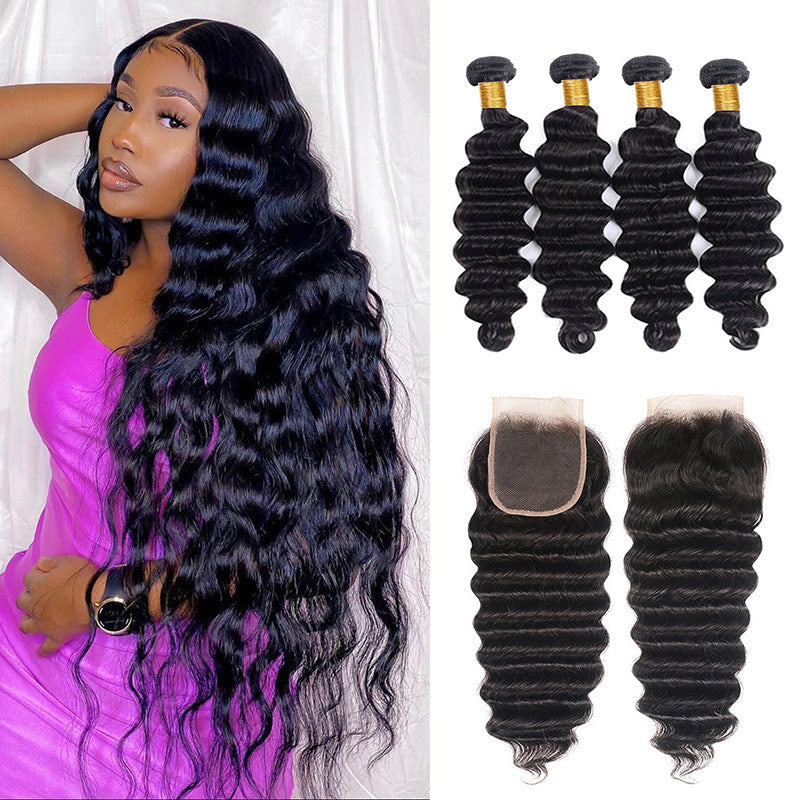 Geetahair Loose Deep Wave Hair 4 Bundles With 4x4 Lace Closure Virgin Human Hair