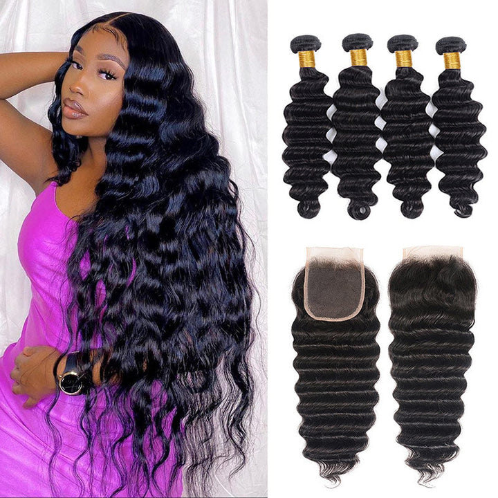 Geetahair Loose Deep Wave Hair 4 Bundles With 4x4 Lace Closure Virgin Human Hair