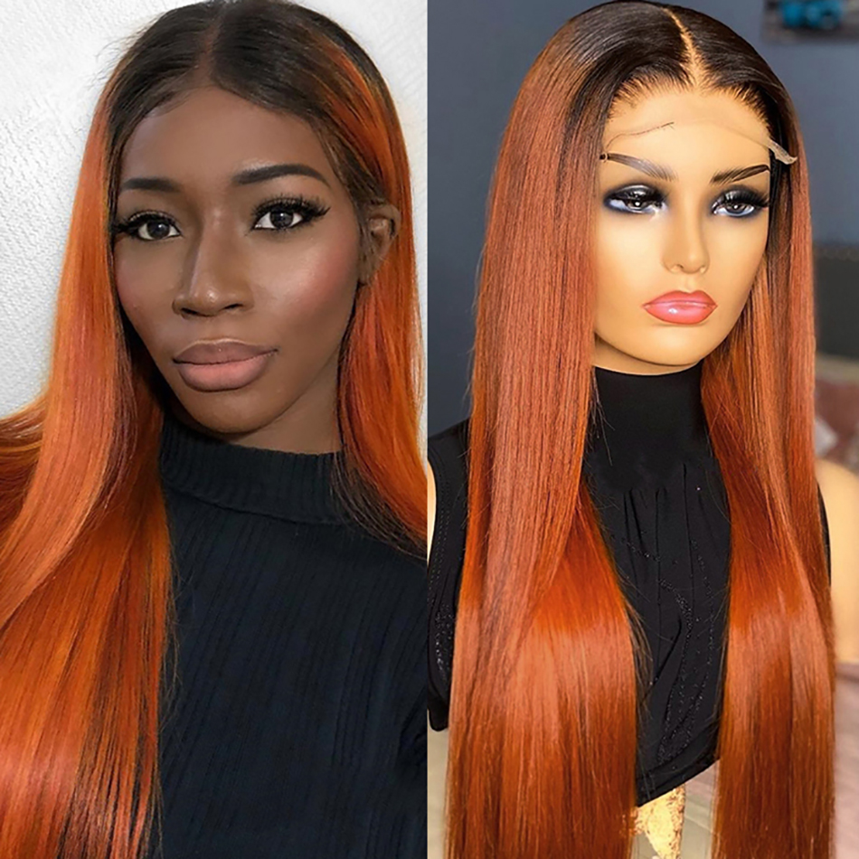 Ginger Color With Dark Roots Straight Lace Front Wig Colored Pre Plucked with Baby Hair Wigs