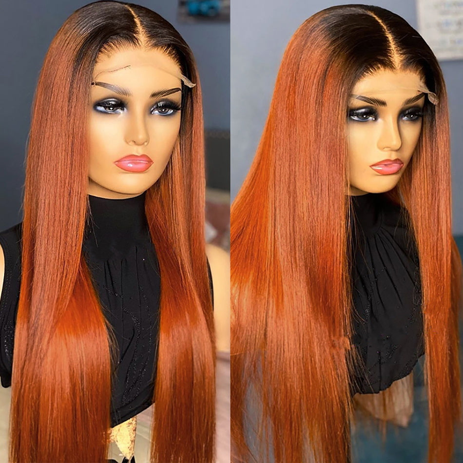 Ginger Color With Dark Roots Straight Lace Front Wig Colored Pre Plucked with Baby Hair Wigs