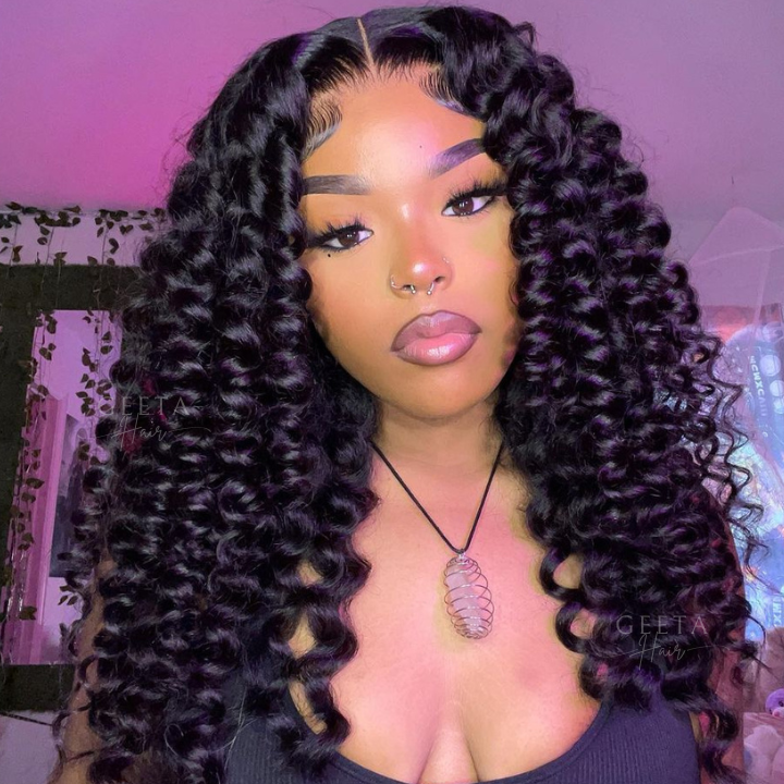 Glueless Bouncy Curly Hair 13x4 Transparent Lace Front Wig Pre Plucked Hairline Wand Curl Human Hair wigs-Geeta Hair