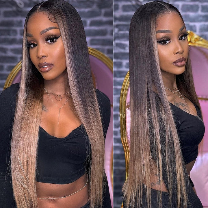 Funky Colored Wigs | Glueless 13x4/6x4.5 Money Piece Light Blonde Straight HD Transaparent Pre Cut Lace Human Hair Wigs With Breathable Cap Skunk Stripe Air Wig-Geeta Hair