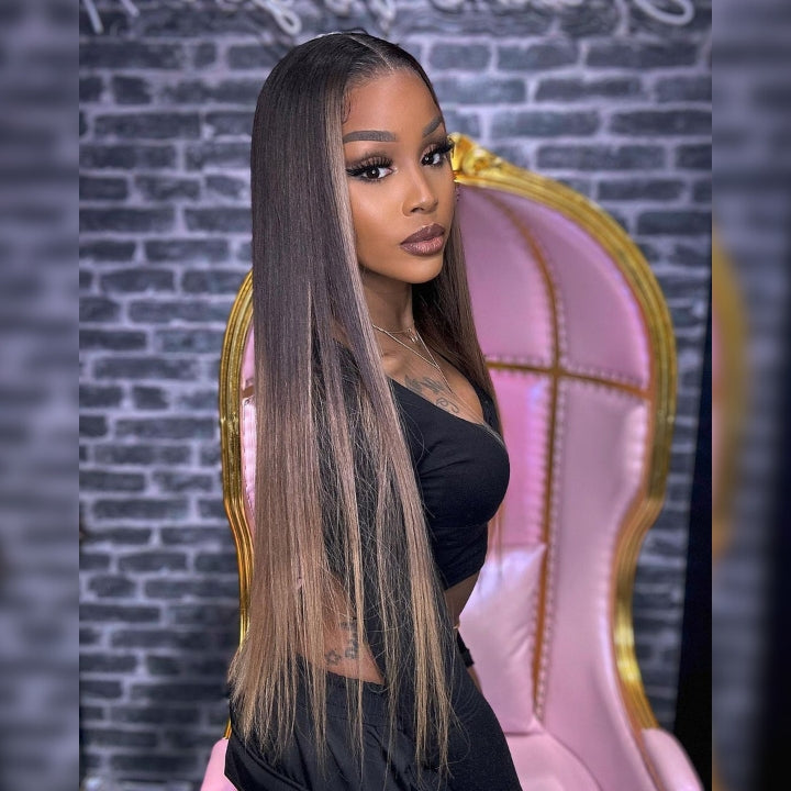 Funky Colored Wigs | Glueless 13x4/6x4.5 Money Piece Light Blonde Straight HD Transaparent Pre Cut Lace Human Hair Wigs With Breathable Cap Skunk Stripe Air Wig-Geeta Hair