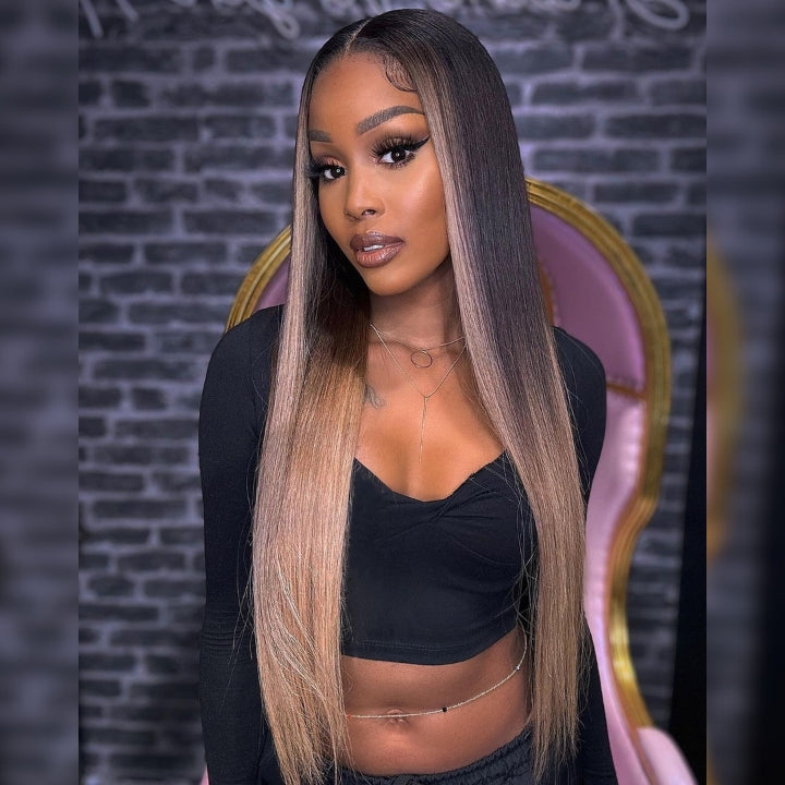 Funky Colored Wigs | Glueless 13x4/6x4.5 Money Piece Light Blonde Straight HD Transaparent Pre Cut Lace Human Hair Wigs With Breathable Cap Skunk Stripe Air Wig-Geeta Hair