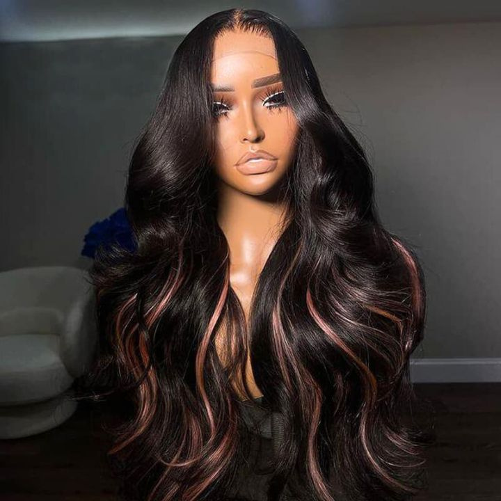 Glueless Peekaboo Highlights Pink New Trendy Body Wave 13x4 Lace Front Wig Pink Colored Highlight Human Hair Wigs-Geeta Hair