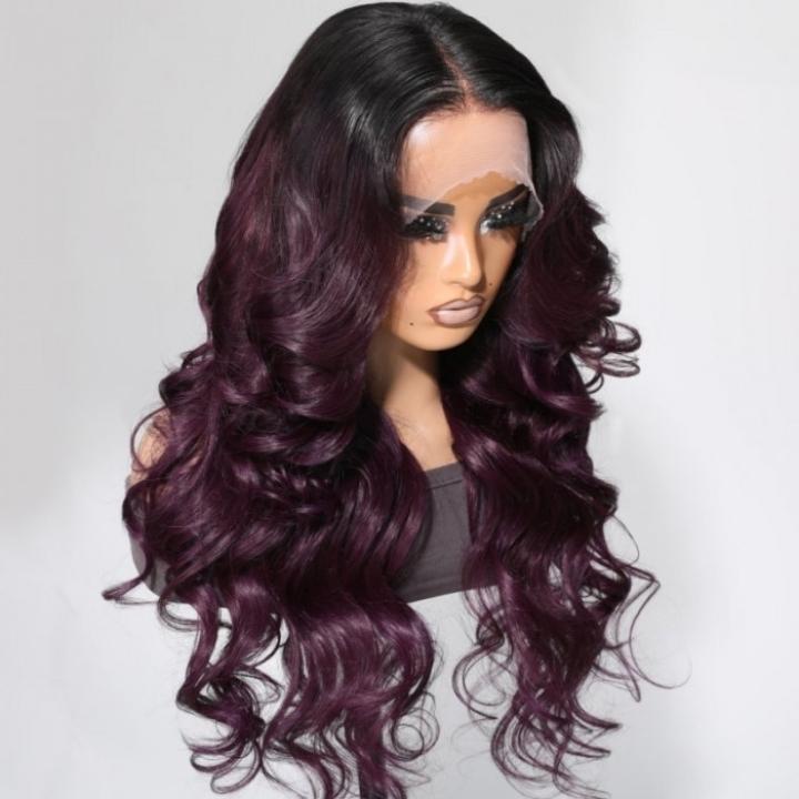 Funky Colored Wigs | Smokey Deep Purple 13x4 Lace Front Body Wave Wig With Black Roots Ombre Colored  HD Lace Human Hair Wigs-Geeta Hair