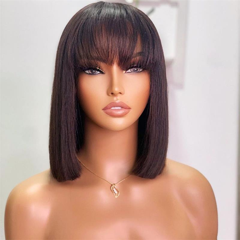 Flash Sale Glueless Real Human Hair Wig Short Straight Hair Bob Wig With Bangs Black Color-Geeta Hair