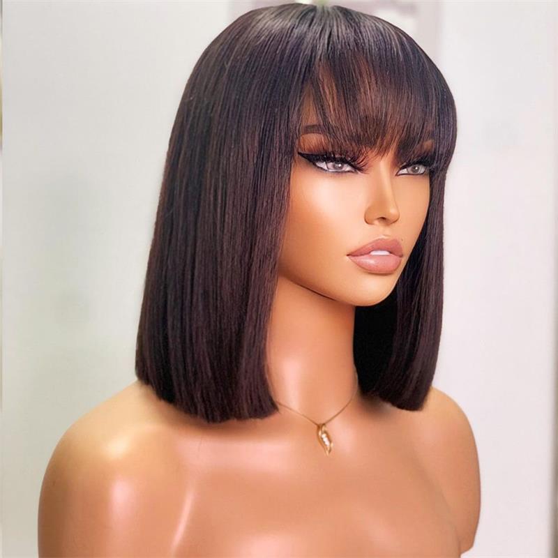 Flash Sale Glueless Real Human Hair Wig Short Straight Hair Bob Wig With Bangs Black Color-Geeta Hair