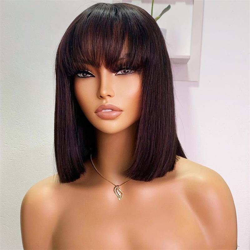Flash Sale Glueless Real Human Hair Wig Short Straight Hair Bob Wig With Bangs Black Color-Geeta Hair