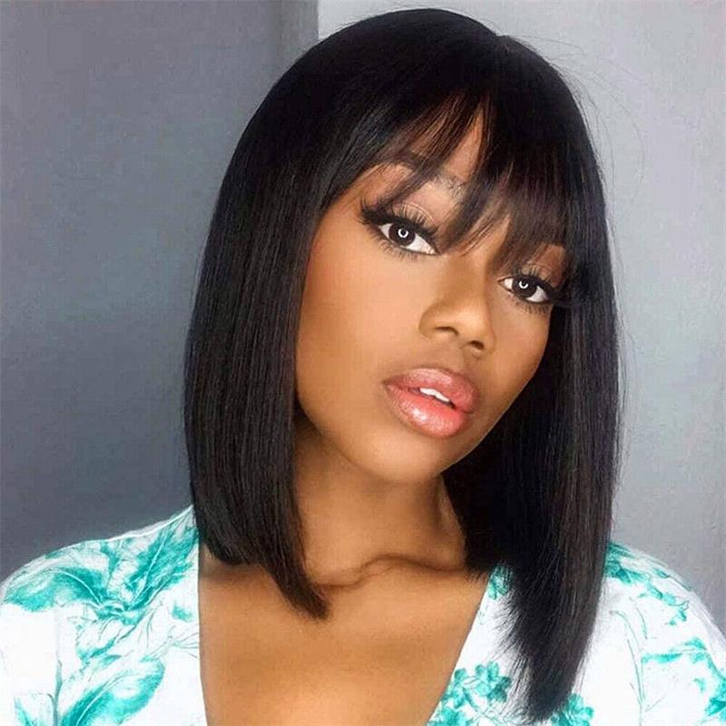 Flash Sale Glueless Real Human Hair Wig Short Straight Hair Bob Wig With Bangs Black Color-Geeta Hair