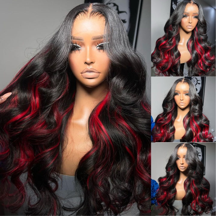 Funky Colored Wigs | Glueless 13x4/6x4.5 Highlight Red Body Wave Pre Cut HD Transaparent Lace Human Hair Wigs-Geeta Hair