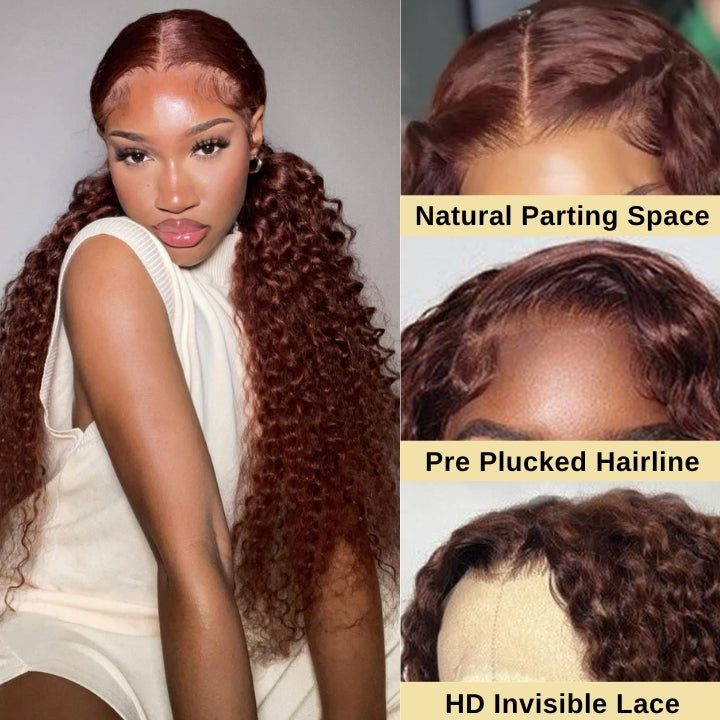 Reddish Brown Jerry Curly 13x4 HD Lace Front Wig Auburn Transparent Lace Human Hair Wigs