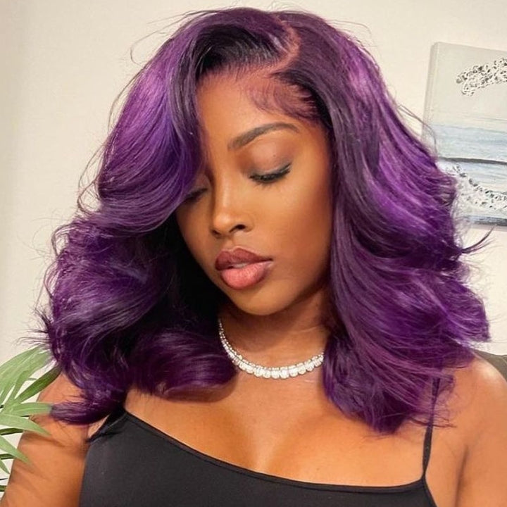 Funky Colored Wigs | Glueless 13x4/6x4.5 Smokey Deep Purple Shoulder Body Wave HD Transaparent Pre Cut Lace Human Hair Wigs With Breathable Cap Highlights Air Wig-Geeta Hair