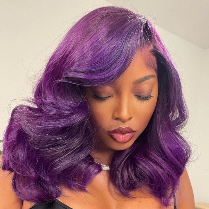 Funky Colored Wigs | Glueless 13x4/6x4.5 Smokey Deep Purple Shoulder Body Wave HD Transaparent Pre Cut Lace Human Hair Wigs With Breathable Cap Highlights Air Wig-Geeta Hair