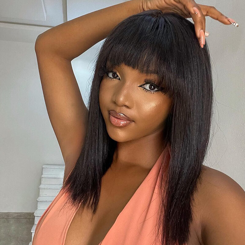 Buy 1 Get 1 Free: Glueless Straight Real Human Hair Bob Wig With Bangs - Flash Sale
