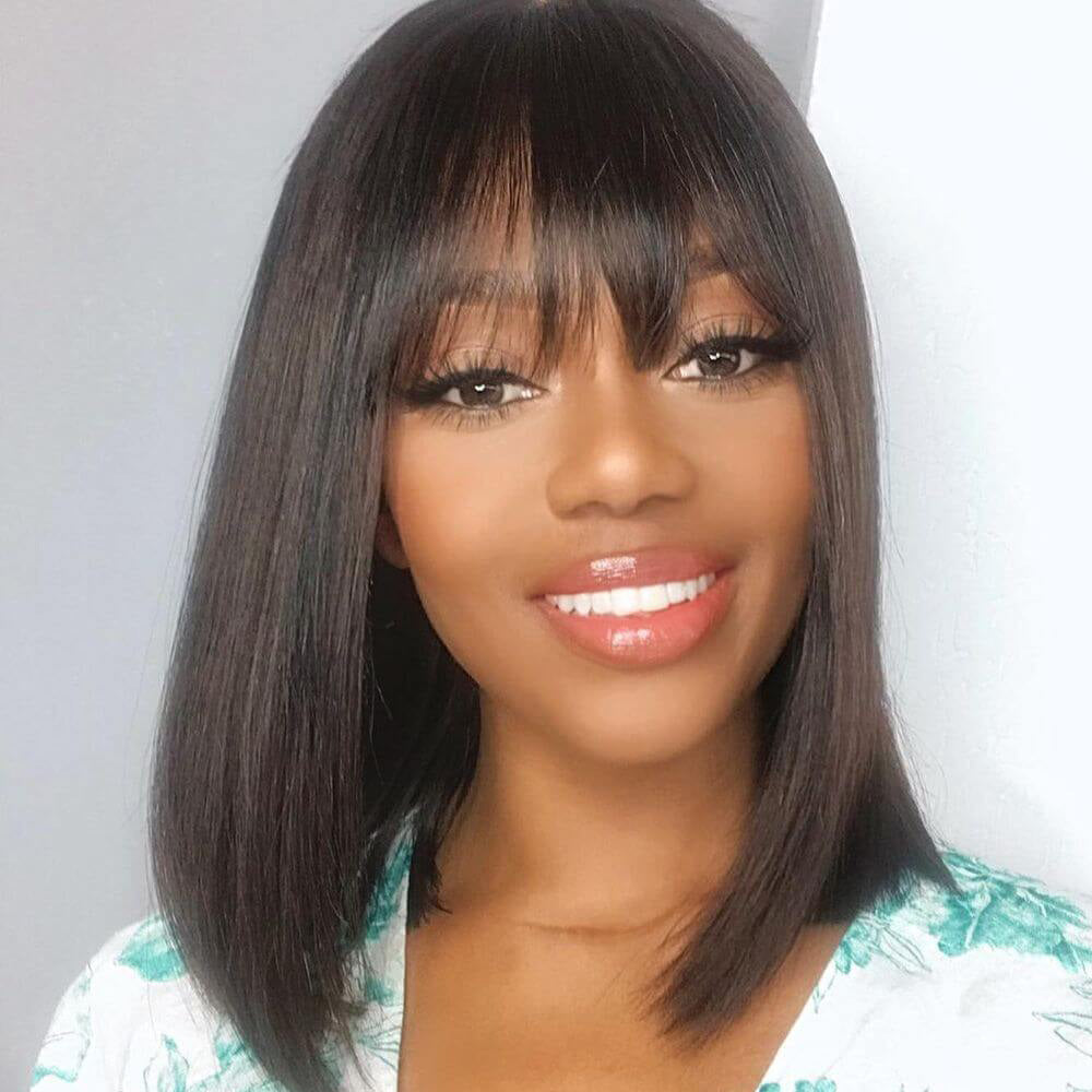 Flash Sale Glueless Real Human Hair Wig Short Straight Hair Bob Wig With Bangs Black Color-Geeta Hair