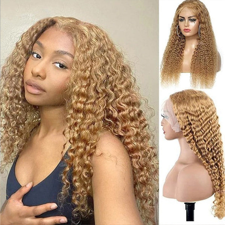 Honey Blonde Water Wave 13x4/4x4 HD Lace Frontal Wig Golden Brown Transparent Lace Human Hair Wigs