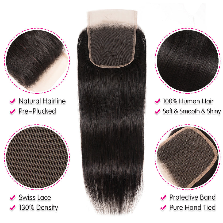 GeetaHair Straight Hair 4 Bundles with 4x4 Lace Closure 100% Unprocessed Human Hair