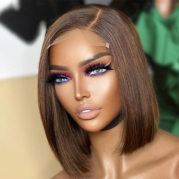No Code Need: Brown Bone Straight Human Hair Bob Wigs-Geeta Hair
