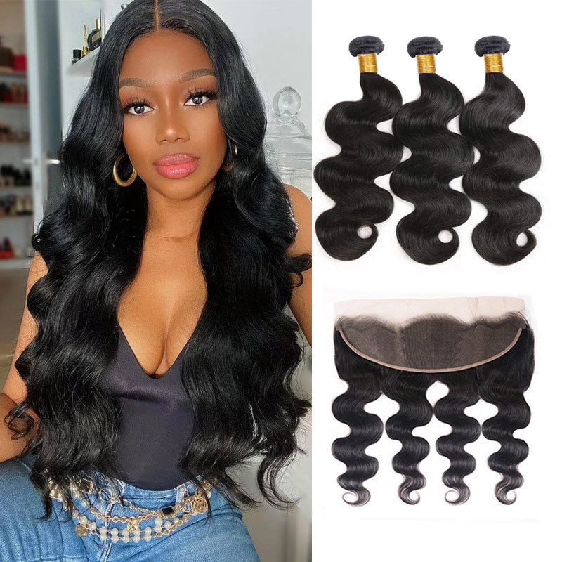 GeetaHair Body Wave 13x4 Frontal Natural Color With 3 Bundles 100% Human Hair