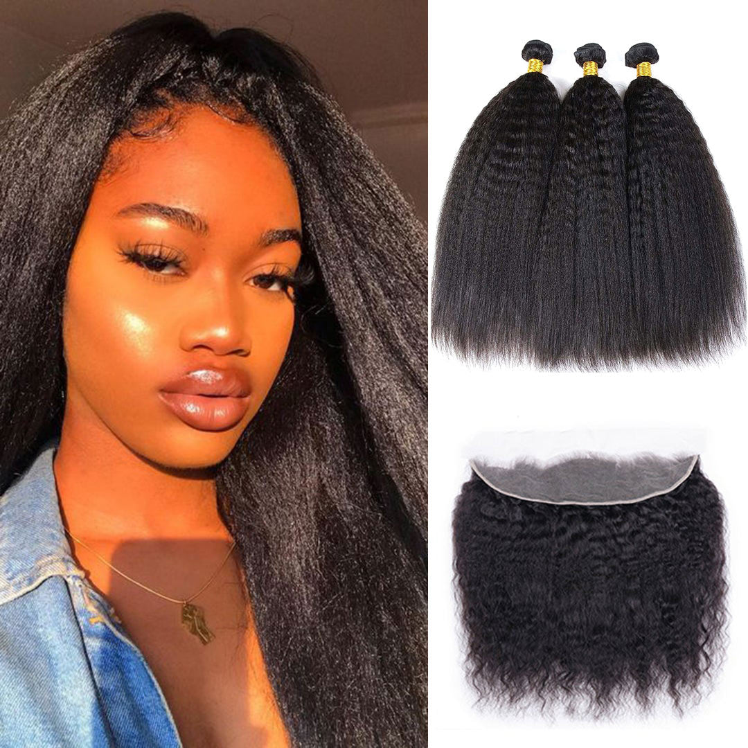 GeetaHair Kinky Straight Hair 3 Bundles With 13x4 Lace Frontal 100% Unprocessed Human Hair