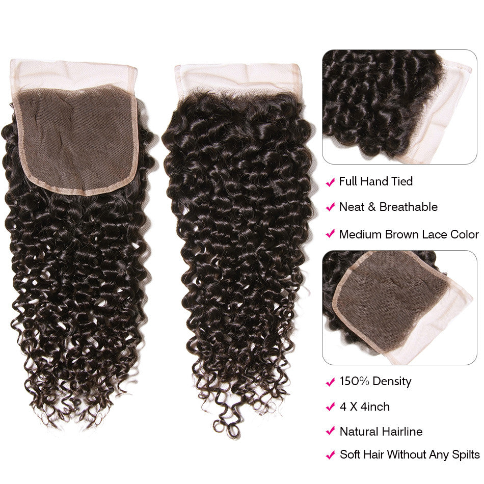 GeetaHair Black Curly Hair 3 Bundles with 4x4 Lace Closure 100% Virgin Human Hair Weave