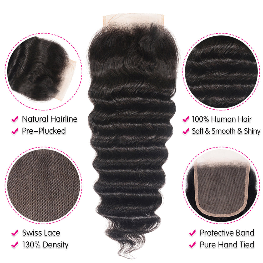 GeetaHair Loose Deep Wave 3 Bundles With 4x4 Lace Closure 100% Virgin Human Hair