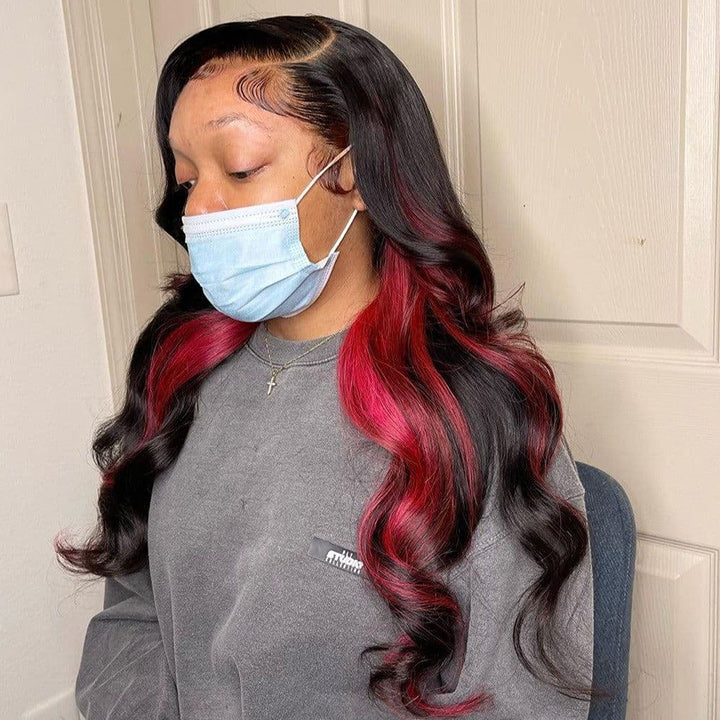 Red Skunk Stripe Hair Body Wave Lace Front Wig 99J Red Colored HD Transparent Lace Human Hair Wigs