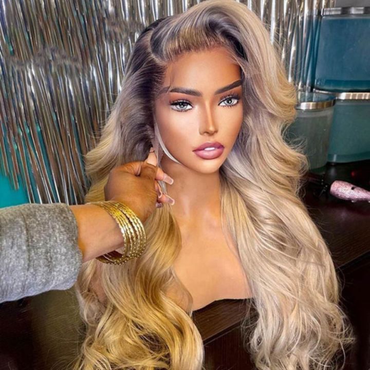 Highlight Ash Blonde Body Wave Lace Front Wig #613 Color Human Hair Wigs With Dark Roots-Geeta Hair