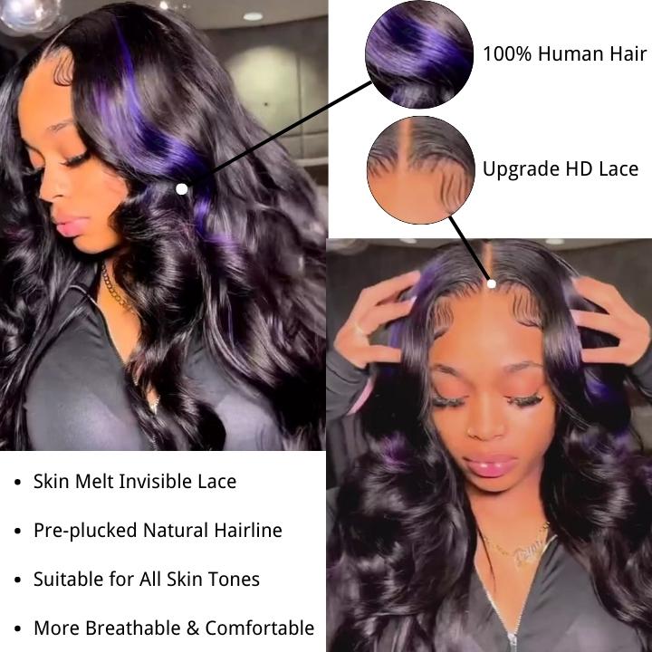 Highlight Black with Purple Body Wave Transparent Lace Front Wig Highlights Colored Glueless Human Hair Wigs For Women-Geeta Hair