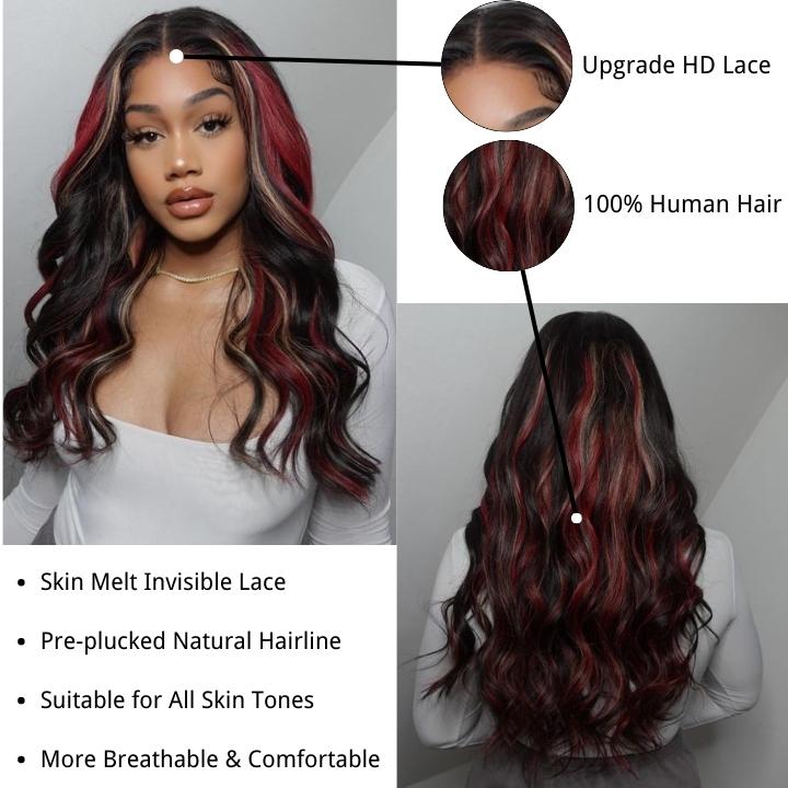 Over $101 Save $100: Highlight Black with Red & Blonde Straight/Body Wave 13x4 Lace Front Wig - Spring 2023 Flash Sale