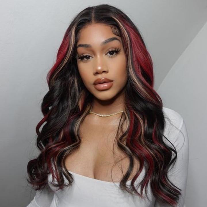 Buy 1 Get 1 Free: Highlight Black with Red & Blonde Body Wave 13x4 Lace Front Wig- Flash Sale