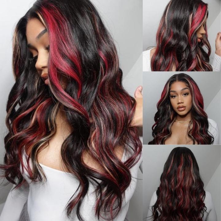 Buy 1 Get 1 Free: Highlight Black with Red & Blonde Body Wave 13x4 Lace Front Wig- Flash Sale