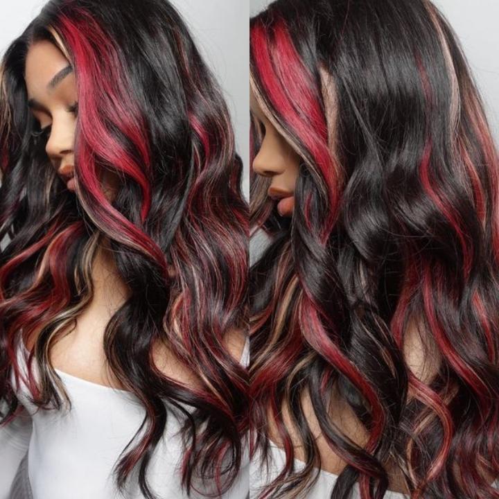 Over $101 Save $100: Highlight Black with Red & Blonde Straight/Body Wave 13x4 Lace Front Wig - Spring 2023 Flash Sale