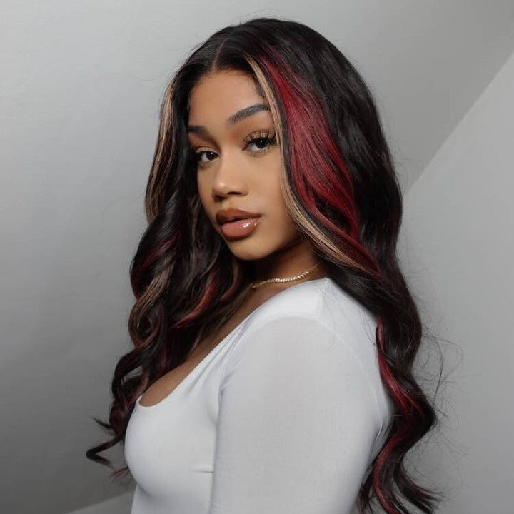 Over $101 Save $100: Highlight Black with Red & Blonde Straight/Body Wave 13x4 Lace Front Wig - Spring 2023 Flash Sale