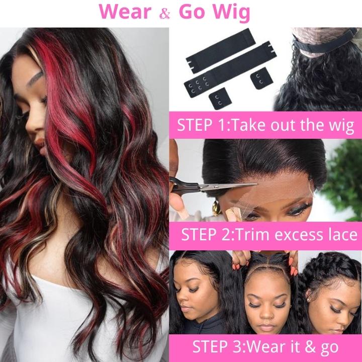 Highlight Black with Red & Blonde Straight/Body Wave 13x4 Lace Front Wig With Multi Color Highlights Loose Wave Human Hair Wigs-GeetaHair