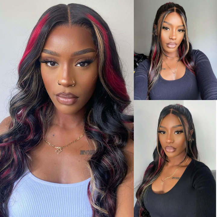 Over $101 Save $100: Highlight Black with Red & Blonde Straight/Body Wave 13x4 Lace Front Wig - Spring 2023 Flash Sale