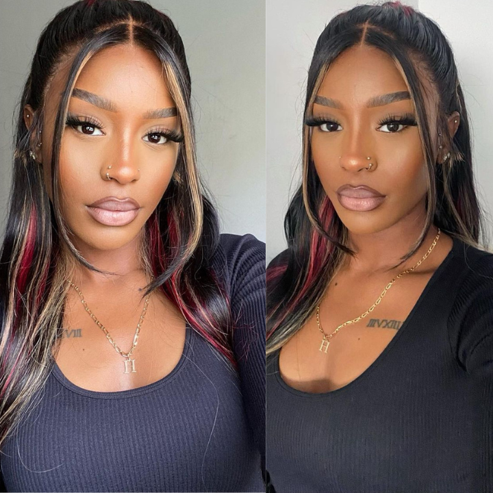 Buy 1 Get 1 Free: Highlight Black with Red & Blonde Body Wave 13x4 Lace Front Wig- Flash Sale